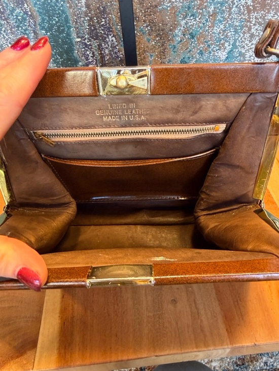 Vintage Mid Century Modern Brown Frame Bag Top Handle Leather Lined USA - Picture 3 of 16